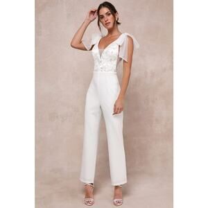 Lulus NWT Dignified Beauty White Mesh Embroidered Tie-Strap Jumpsuit Small